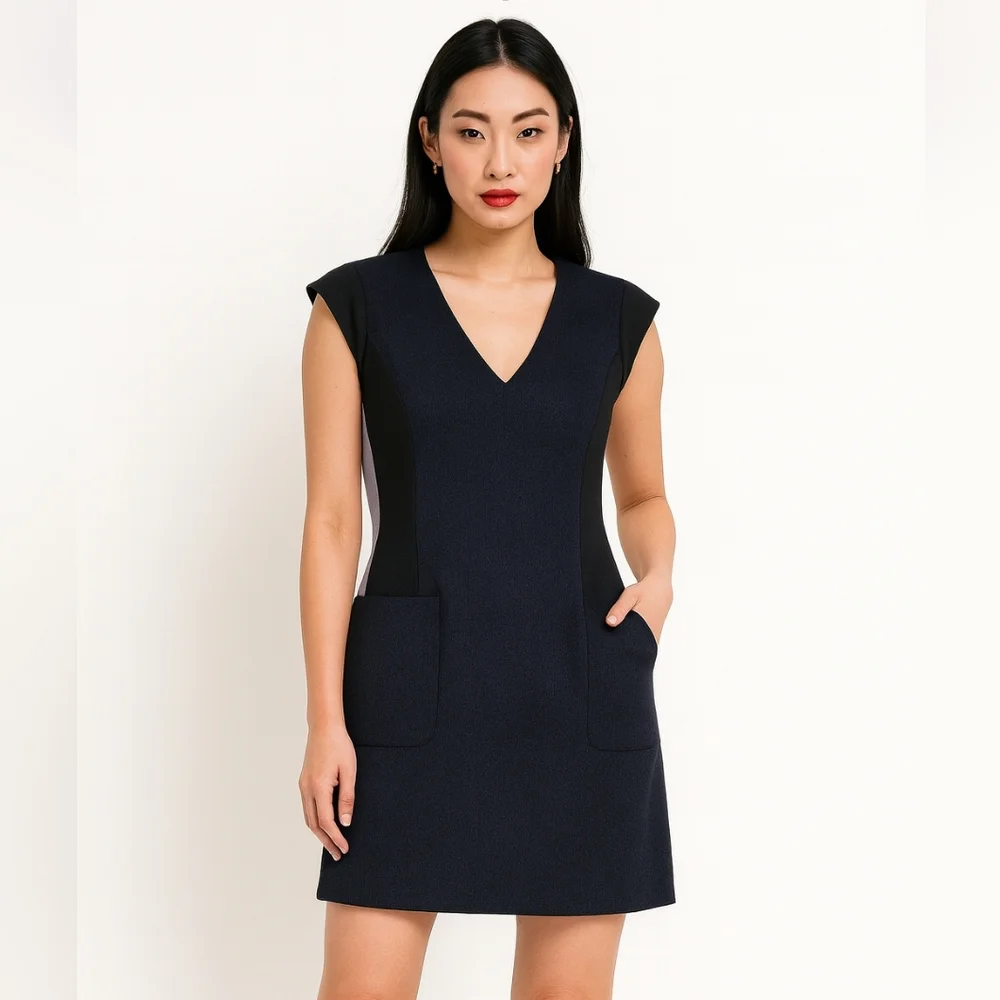 REBECCA TAYLOR Colorblock Shift Dress Rolled Cap Sleeves Navy Black Lavender 6 M - Picture 5 of 13